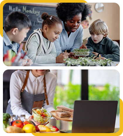 Children learning about plants in a classroom with a teacher during a gardening activity