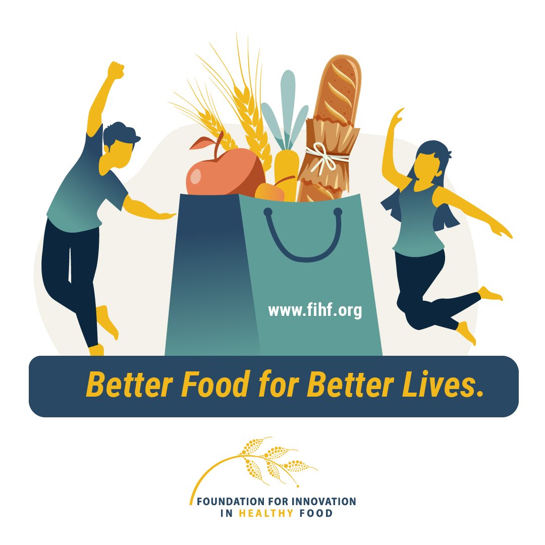 Two illustrated people celebrating with food and grain-themed graphics — “Better Food for Better Lives”