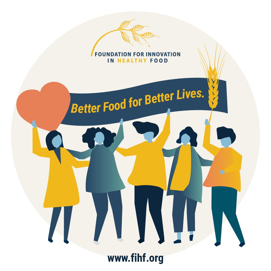 Illustrated group of people holding a banner and heart with FIHF branding — “Better Food for Better Lives”