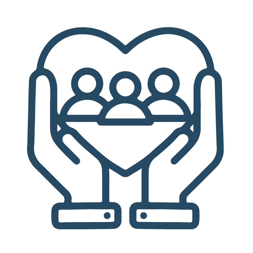 Line icon of hands holding people, symbolizing community support