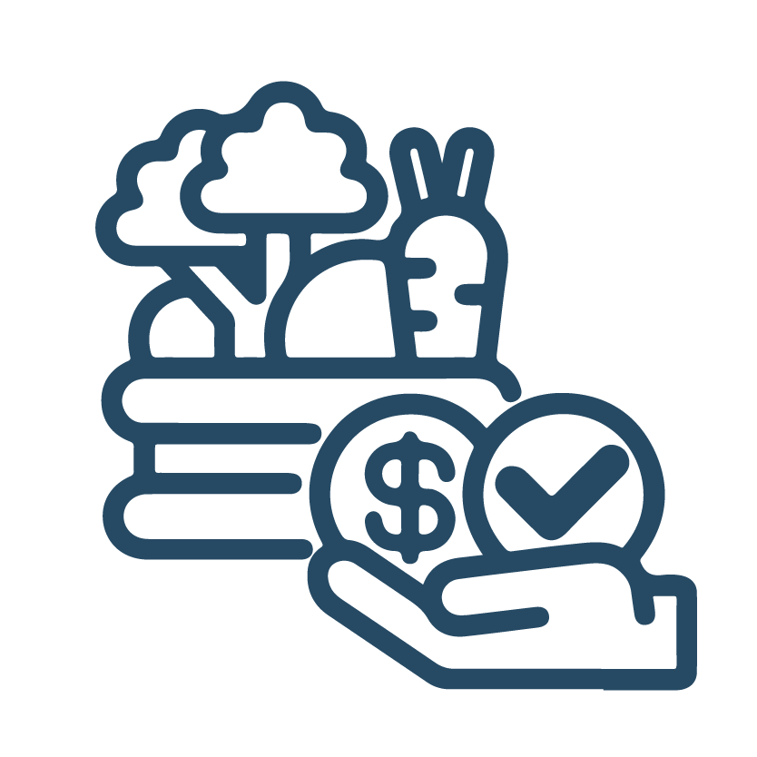 Line icon of food, leaves, and coins, representing sustainable investment