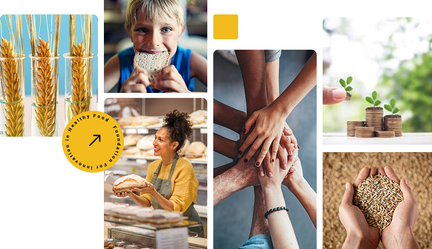 Collage with a child eating bread, woman offering bread at a market, and group of hands stacked in solidarity