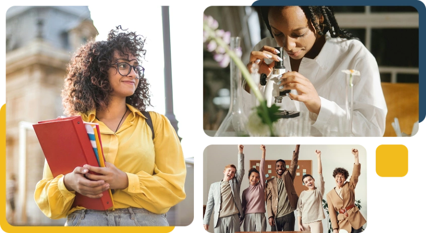 Collage of diverse people including a student, scientist, business team, and food workers celebrating nutrition and innovation
