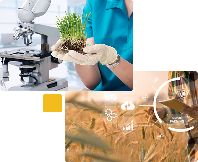 Scientist holding a seedling and microscope overlay with tech icons