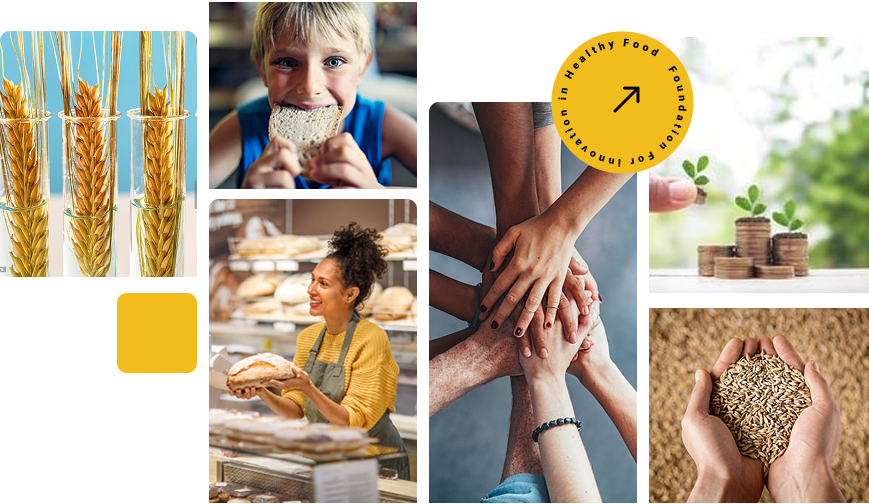 Collage with a child eating bread, woman offering bread at a market, and group of hands stacked in solidarity